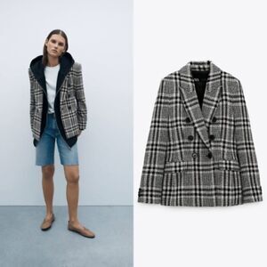 ZARA CLASSIC TWEED BLACK AND WHITE HOUNDSTOOTH BLAZER SIZE LARGE